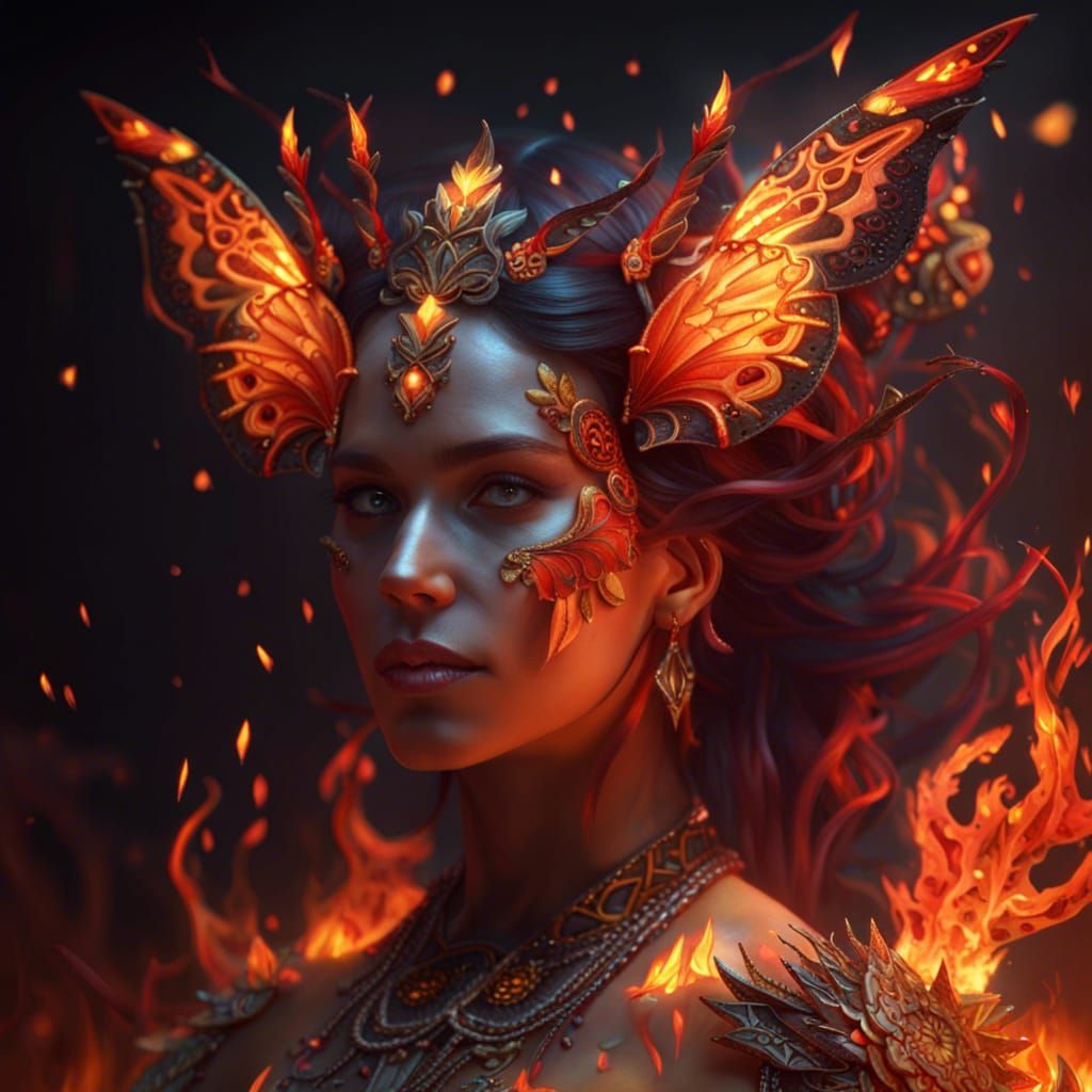 Fire Goddess with Butterfly Crown in 8k