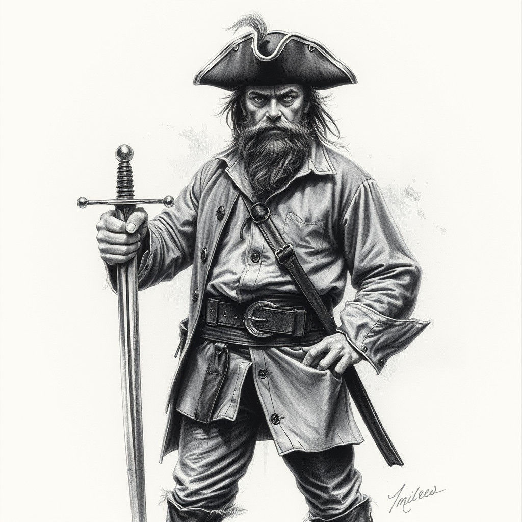Proud Pirate with Silver Saber Charcoal Drawing