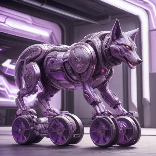 Purple Metallic Mecha Wolf Troop Transport Vehicle Smart Wheels, Anthropomorphic Wolf Kamen Rider intricate mech detai...