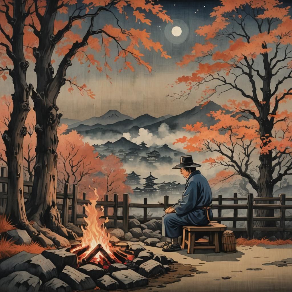Man by Fire Under Autumn Trees, Ukiyo-e Style