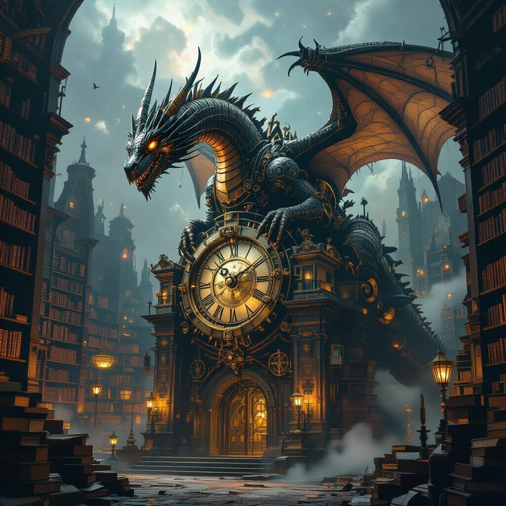 Clockwork Dragon on Gothic Library in Steampunk Style