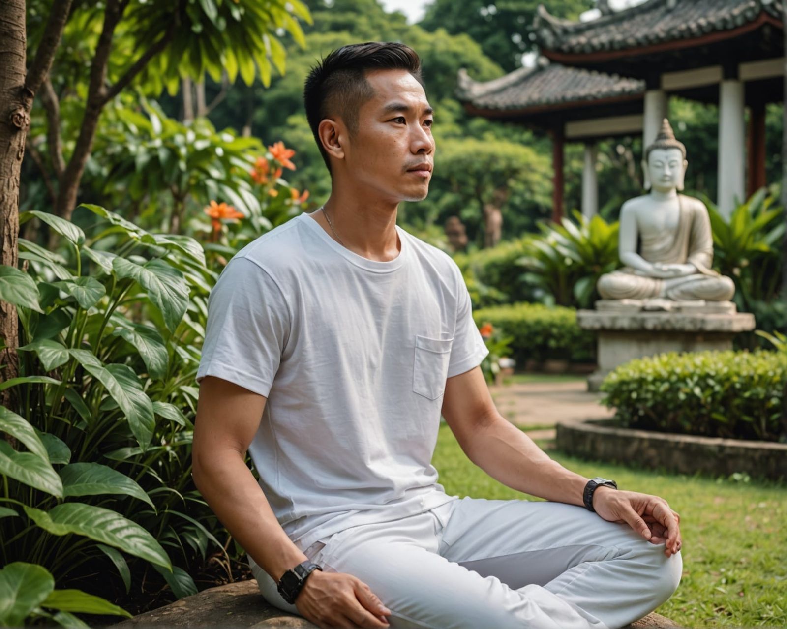 Man Meditating in Garden: Realistic Style, Sharp Focus