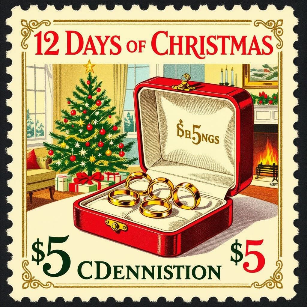 Vintage 12 Days of Christmas $5 Stamp with Golden Rings