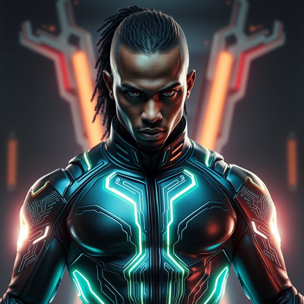 Cybernetic Warrior in High-Tech Attire