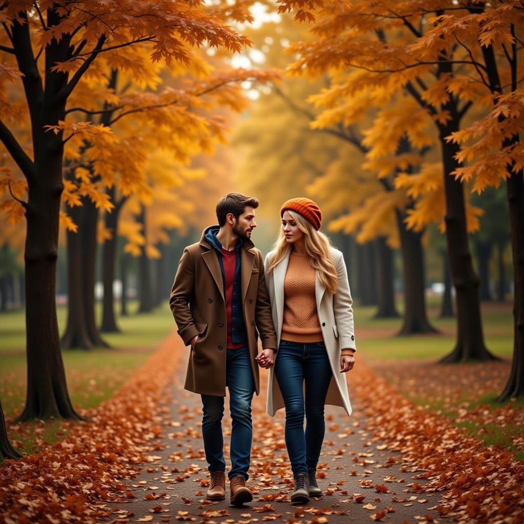 Couple's Romantic Walk in Golden Autumn Forest