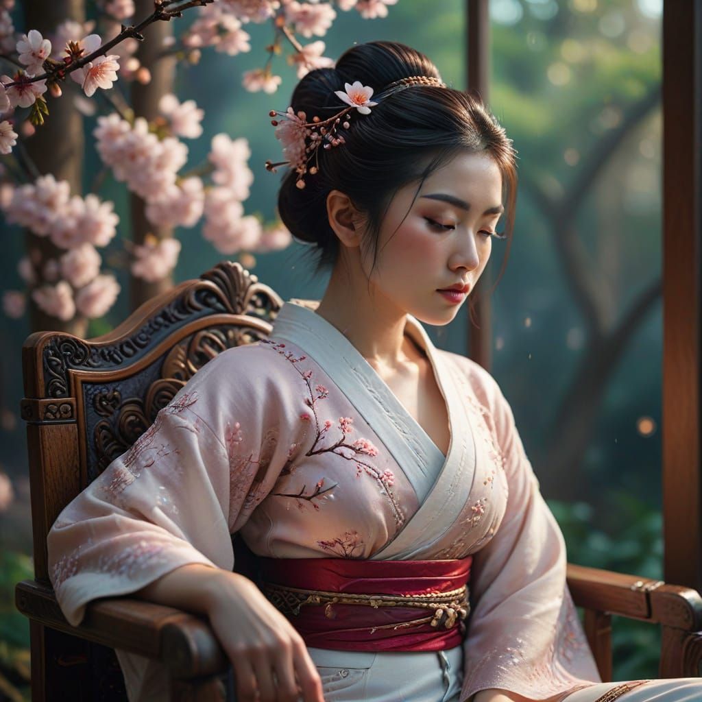 Geisha in Cherry Blossom Setting