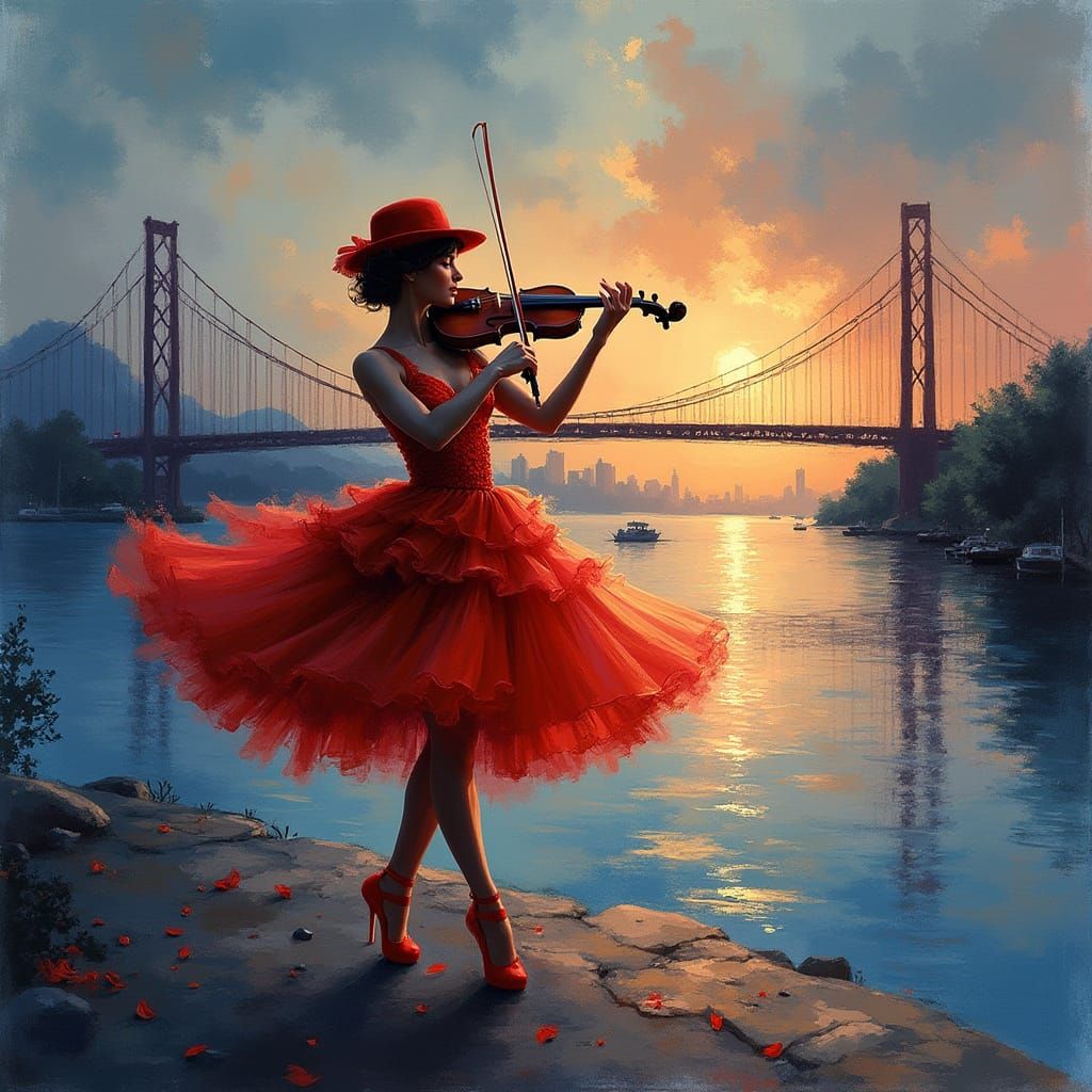 Violinist in Red Dress with City Skyline at Sunset