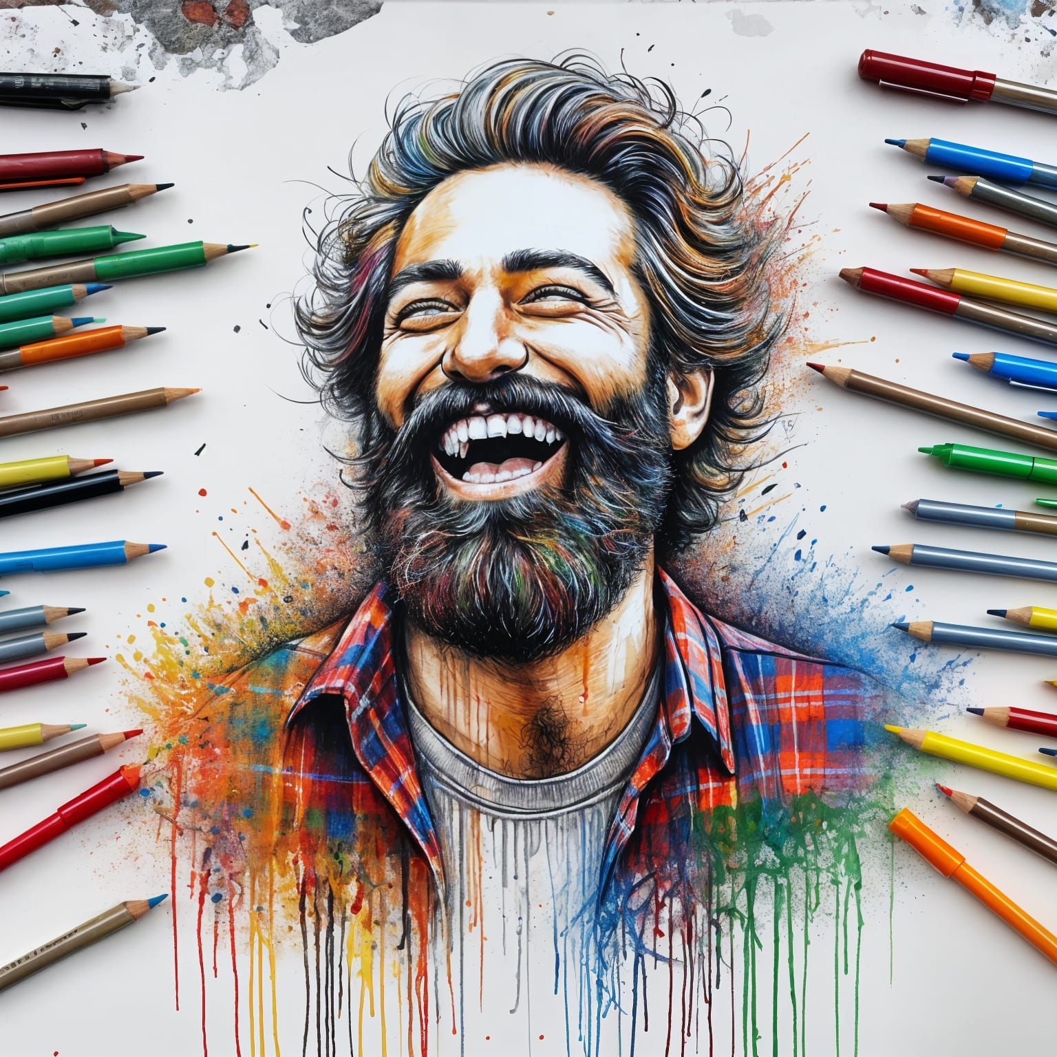 Joyful Street Art Portrait of a Bearded Hero in Mid-Laughter