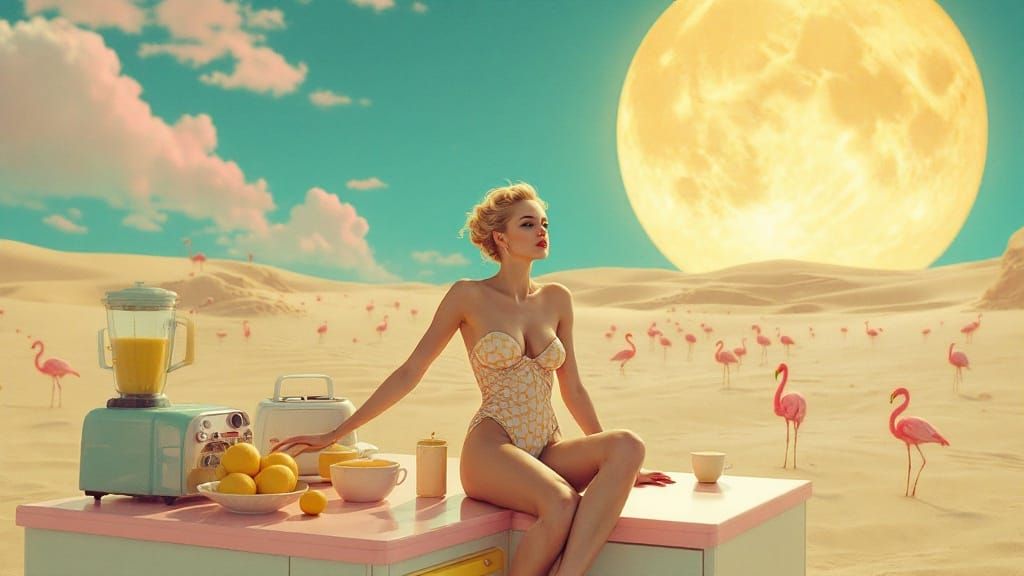 Desert Kitchen with Woman, in LaChapelle and Magritte Style