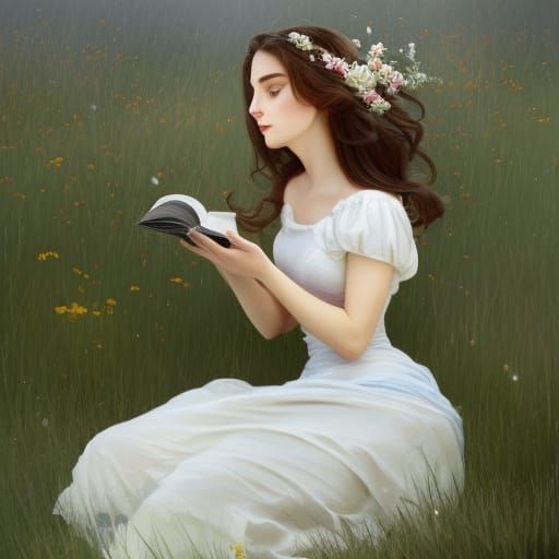 Princess Reading Book in Meadow, Digital Art Portrait