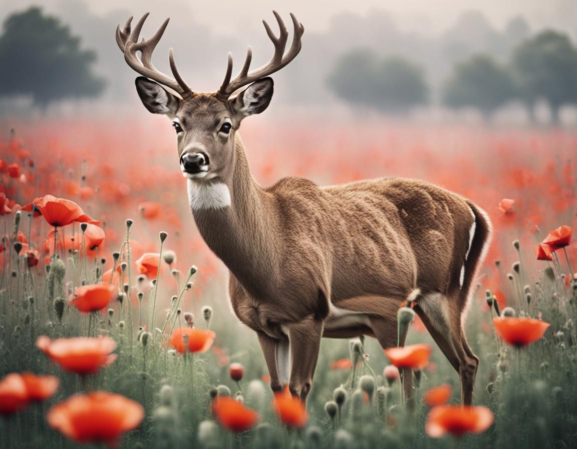 deer in flowerful field, poppies, AO, professional, realistic, photo, 8k, ISO 80, depth of field....