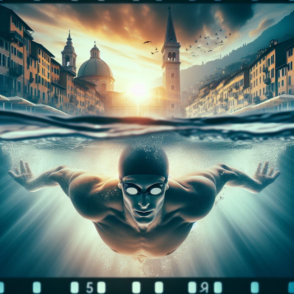 Swimmer in Mediterranean City, Cinematic Film Still