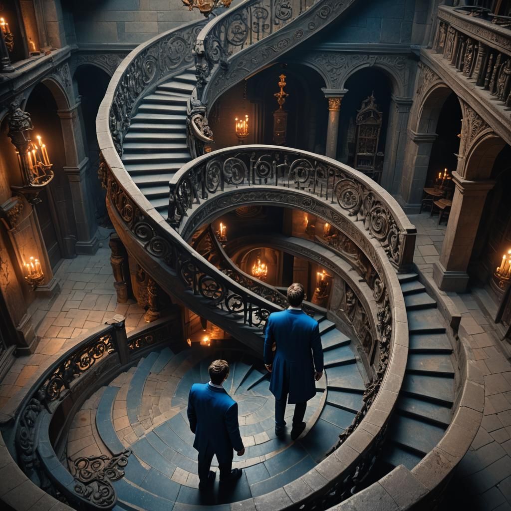 Gothic Matte Painting: Man Descending Spiral Staircase