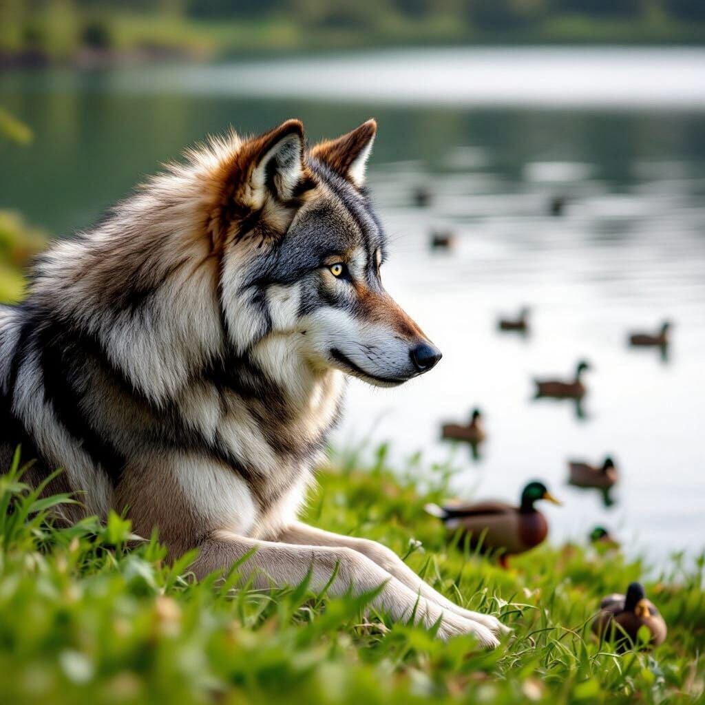 Wolf Portrait on Hill Overlooking Lake with Ducks