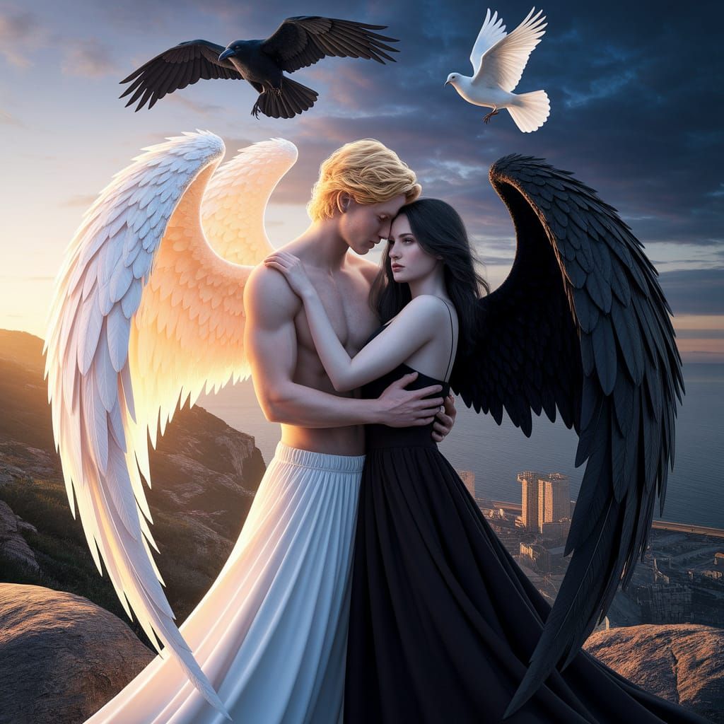 Angel and Demon Embrace on Rocky Cliff
