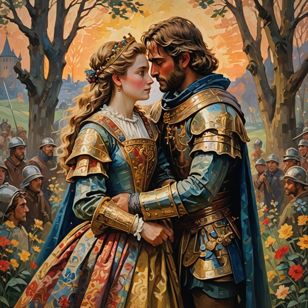 Gwinevere and Lancelot Embrace as Gouache Painting