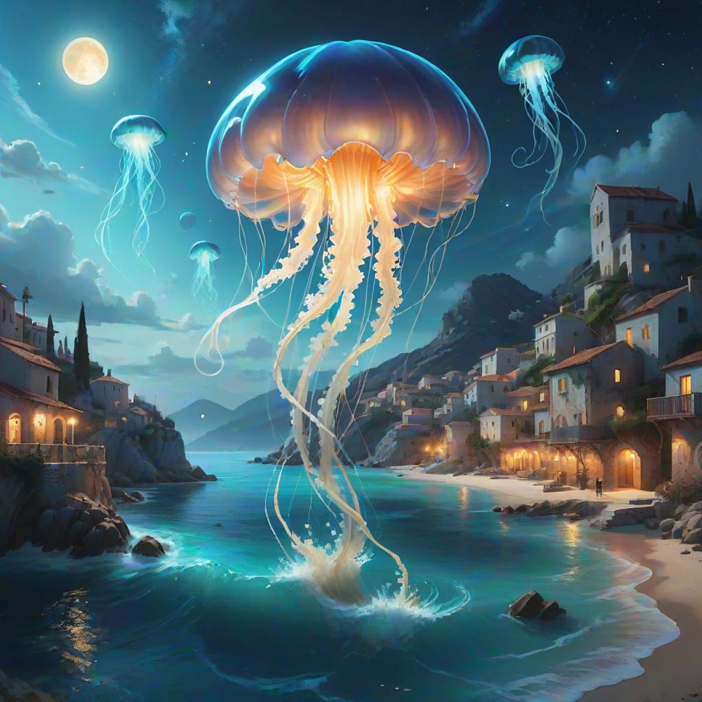 Surreal Mediterranean Coast with Giant Bioluminescent Jellyf...