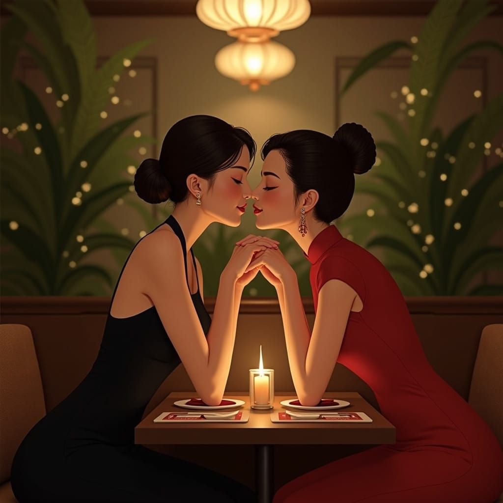 two Asian women kissing lips and holding hands, at a romantic restaurant dressed formally