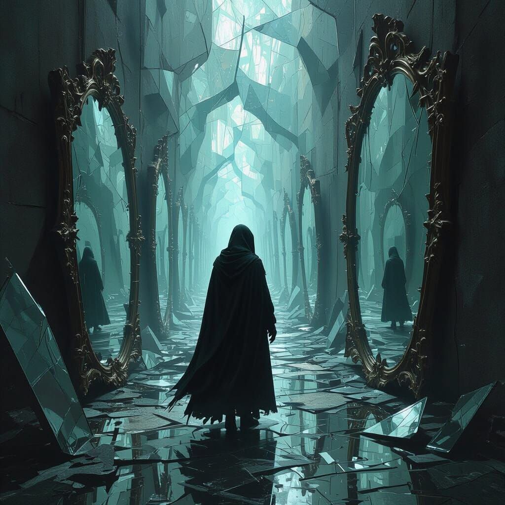 Surreal Labyrinth of Shattered Reflections in Gothic Style