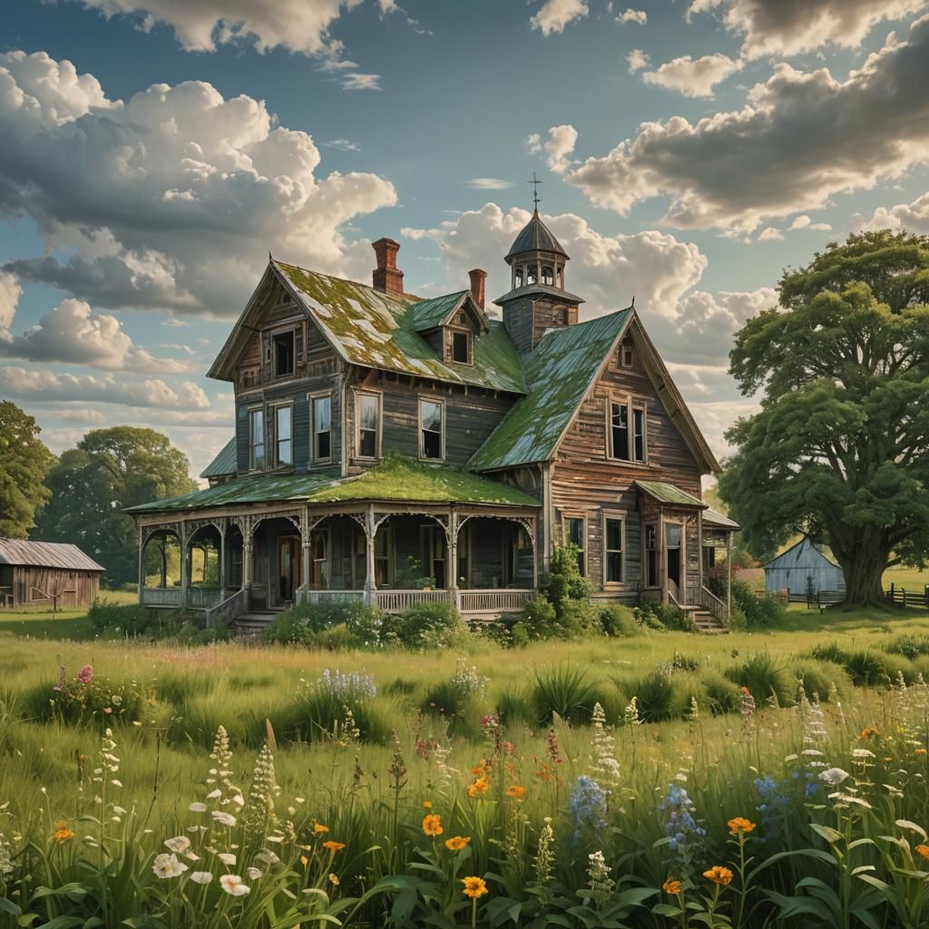Victorian House and Barn in Field, Gurney Style