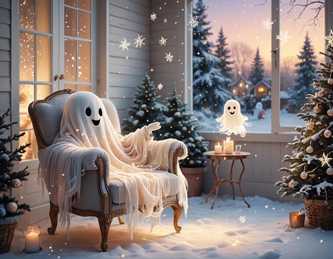 Cute Ghost on Winter Terrace in Digital Art