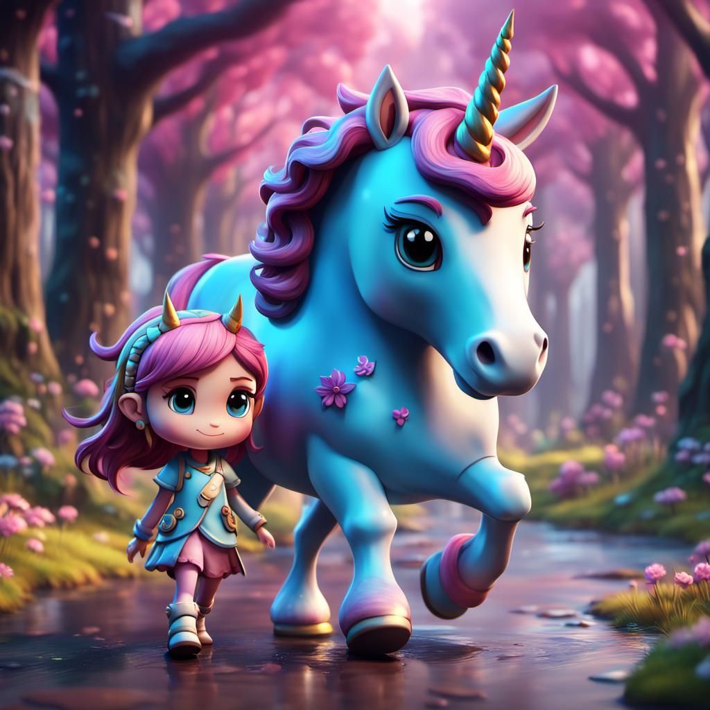 Girl and Unicorn in Chibi Style 3D Cartoon