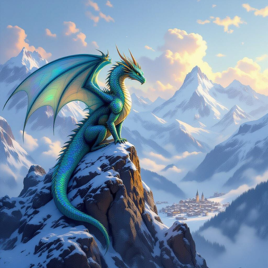 Ancient Dragon Over Swiss Alps in Epic Fantasy Style
