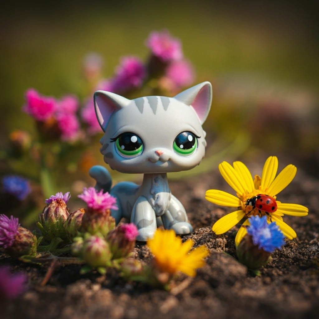 Miniature Toy Cat Amongst Wildflowers, Manga Illustration