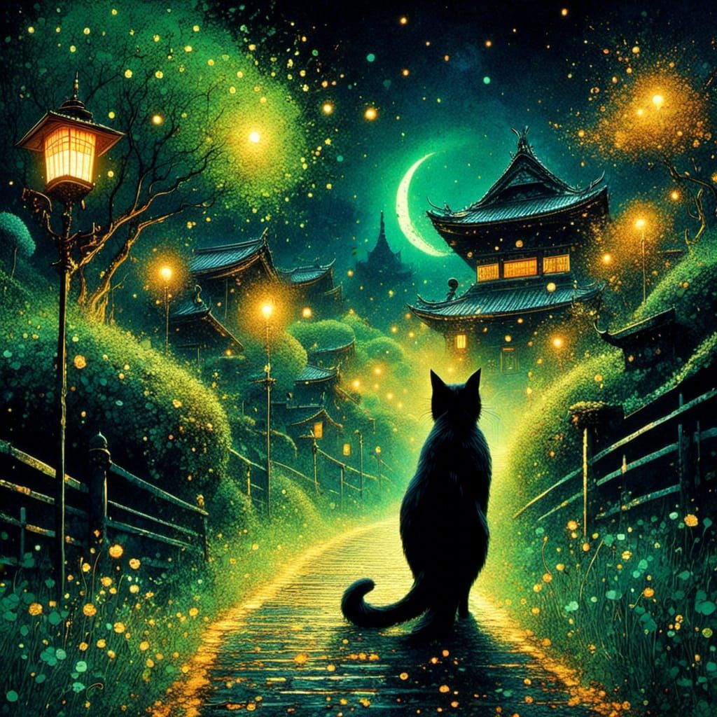 Black Cat in Ancient Japan, Watercolor Style