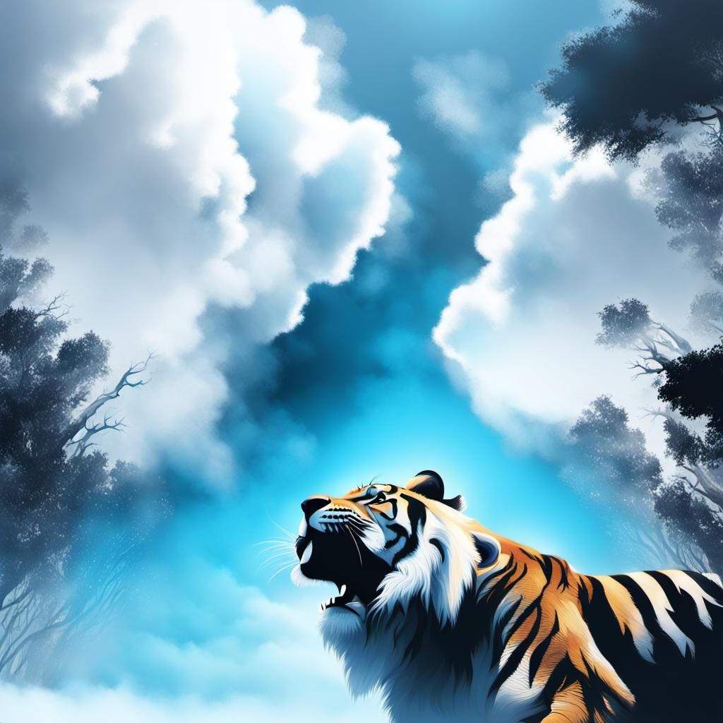 Tiger and Lion Face-Off in Surreal Jungle Art