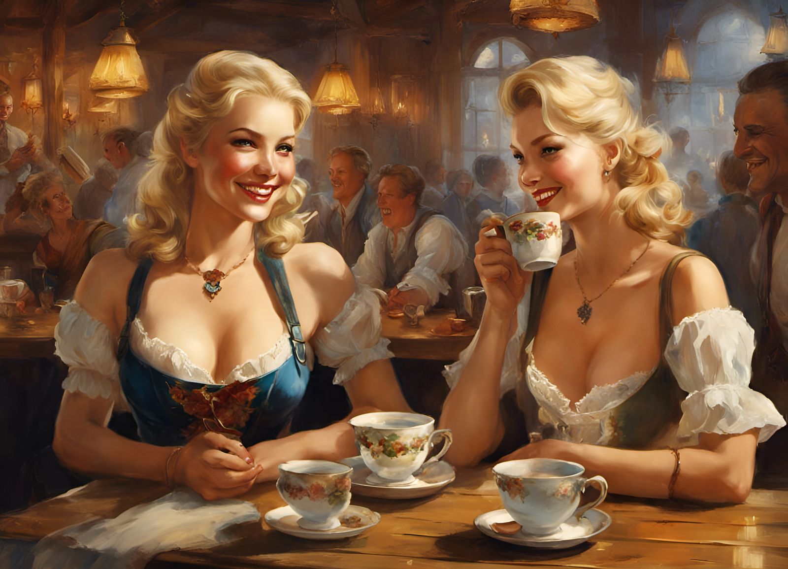 Smiling Bavarian Girls Enjoying Tea, Pin-Up Style