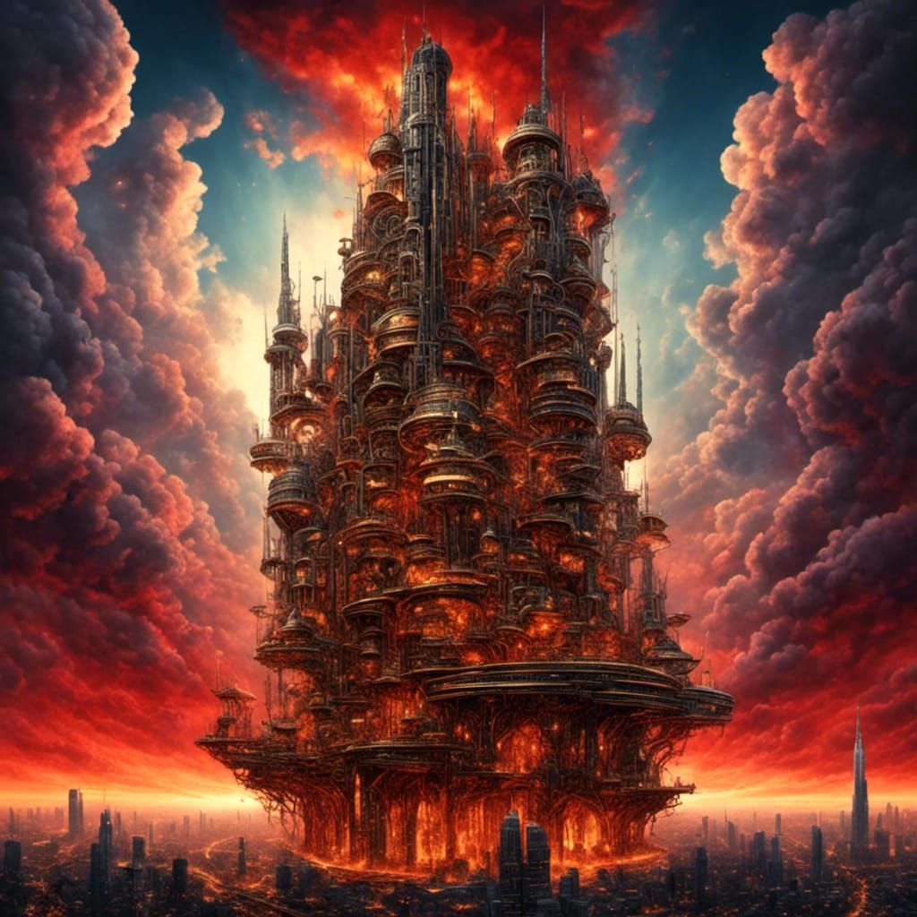 Surreal Optical Illusion Building with Bioluminescent Mechs