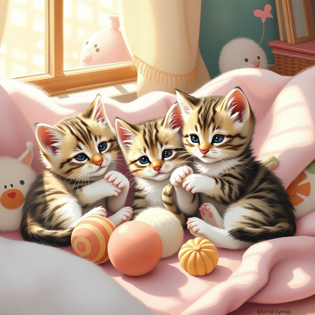Kittens Playing in Sunlight: Whimsical Illustration