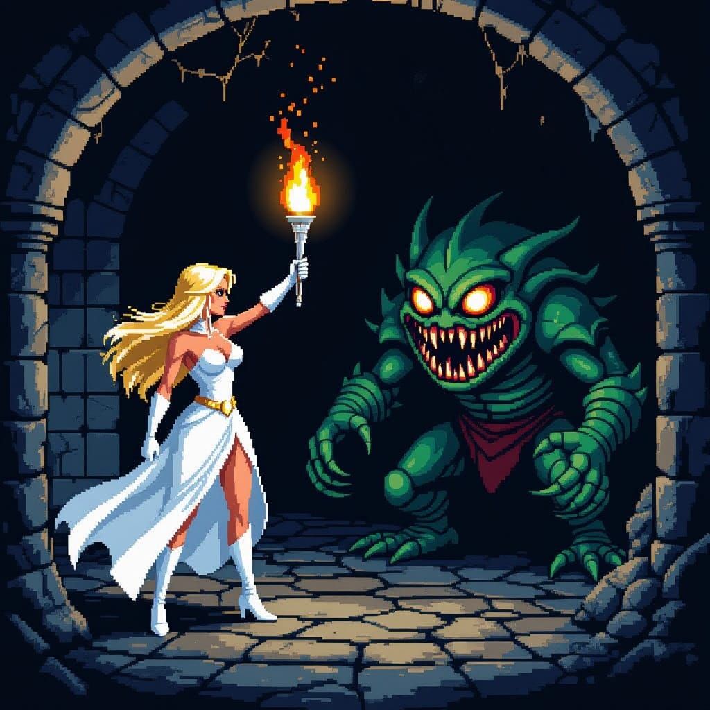Pixel Art Emma Frost Battles Beholder in Dungeon