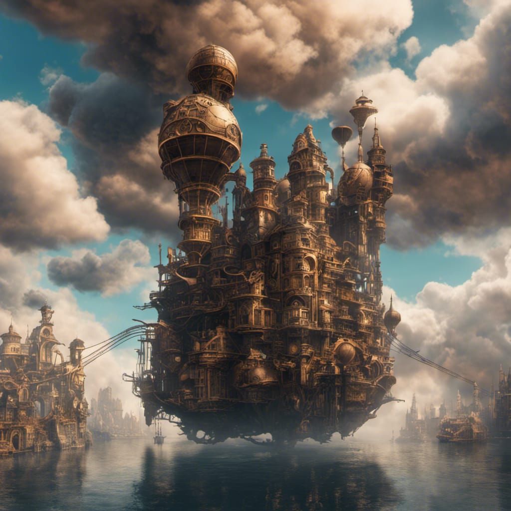 Steampunk City Floating Through Clouds: Detailed Matte Paint...