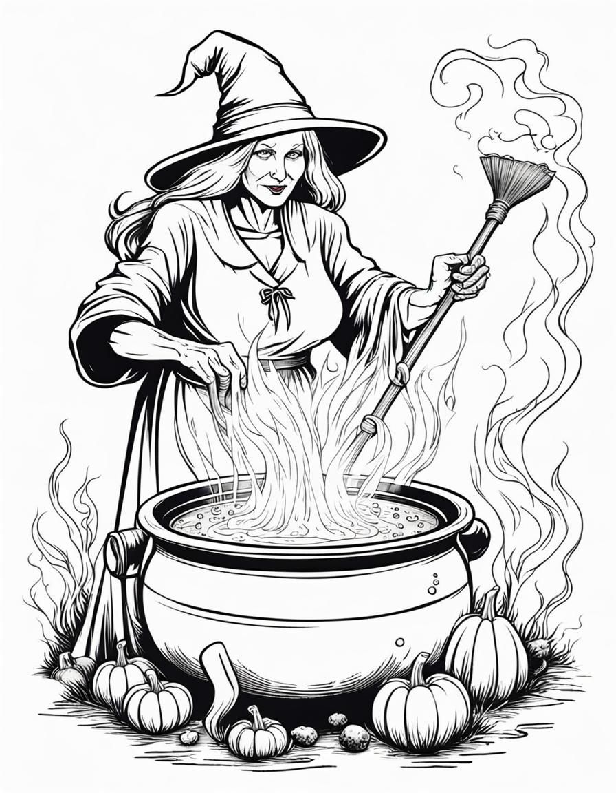 Halloween Witch Stirring Cauldron Coloring Page