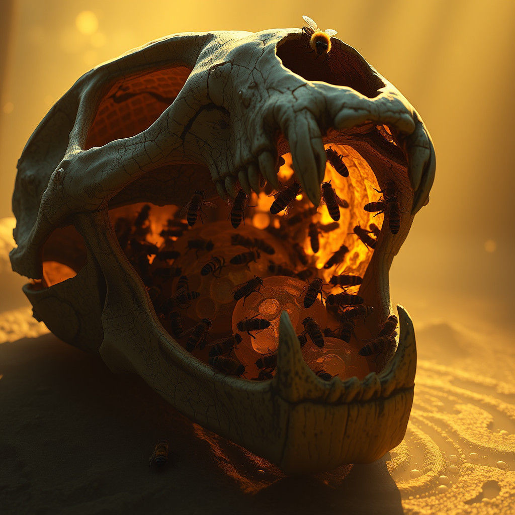 Lion Skull Beehive in a Surreal Environment