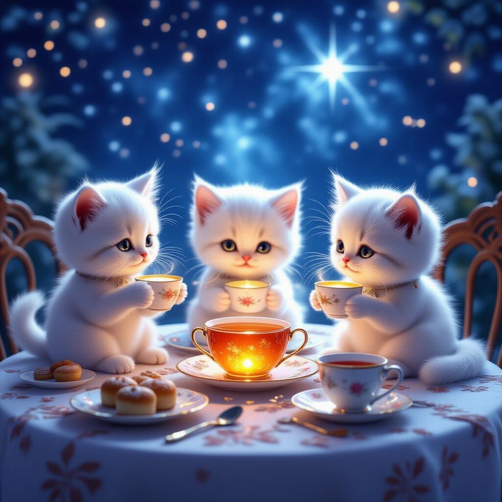 Celestial Kitten Tea Party in Space, Digital Art
