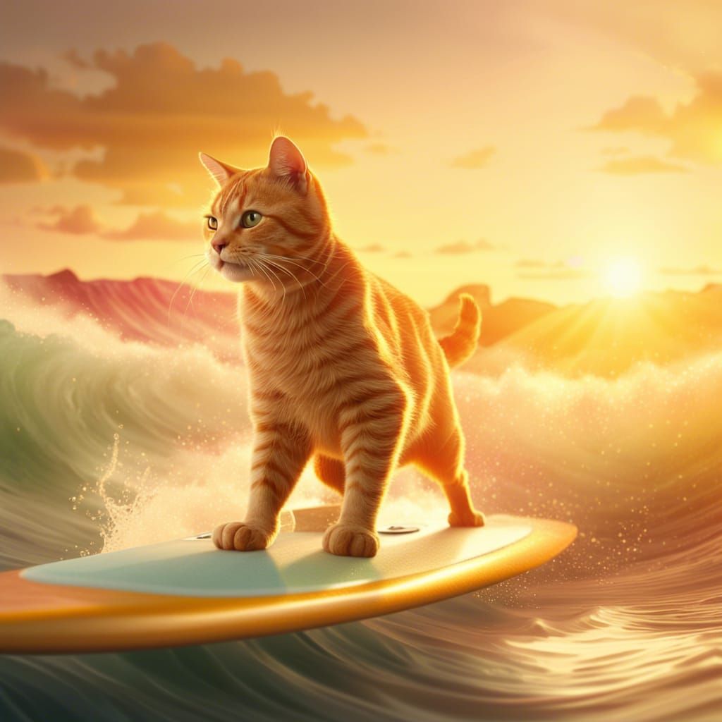 Ginger Cat Surfing at Sunset: Hyperrealistic Digital Art