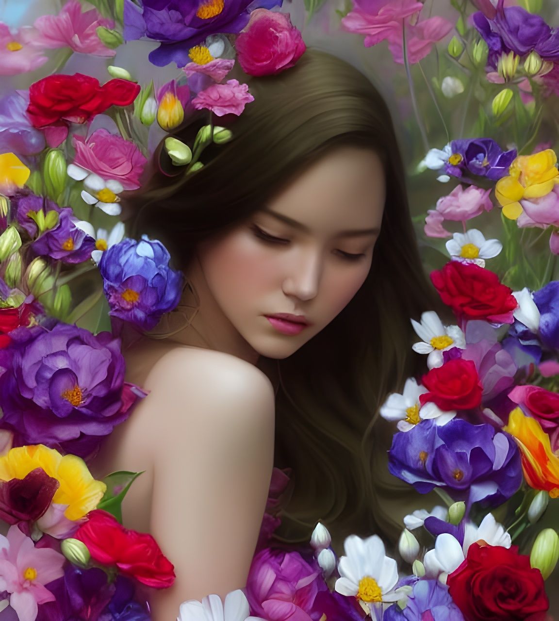 Girl Surrounded by Flowers: Digital Art Illustration
