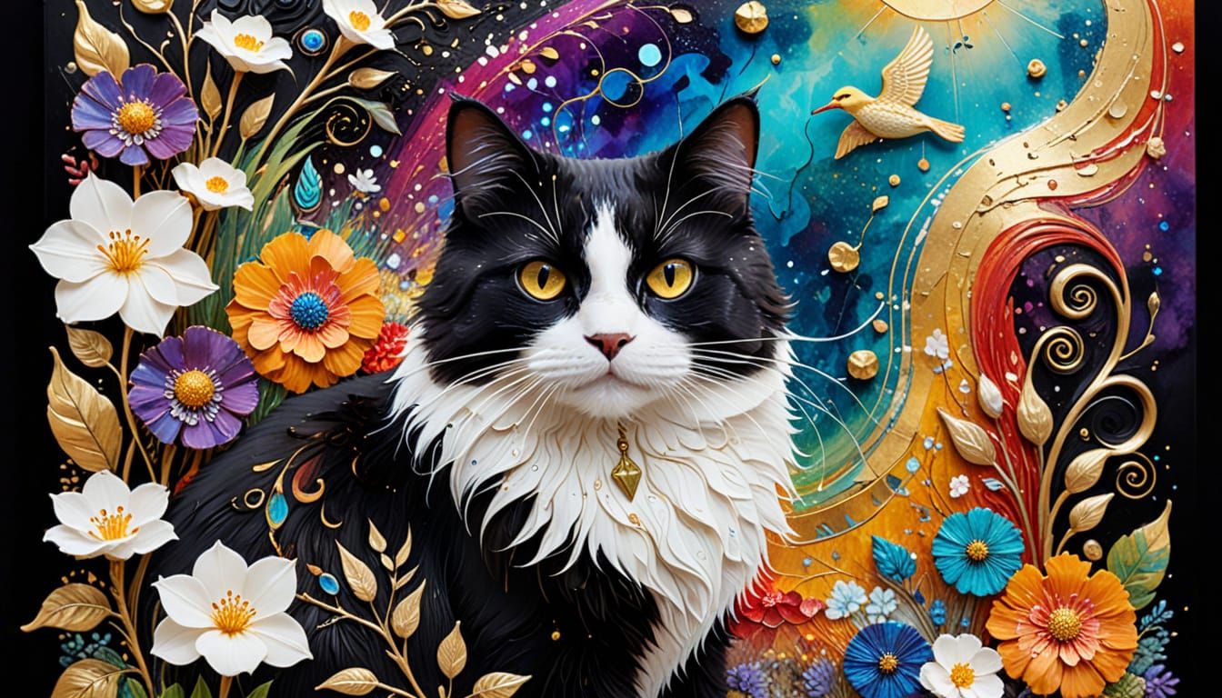 Surreal Cat with Duckling in Dreamlike Landscape