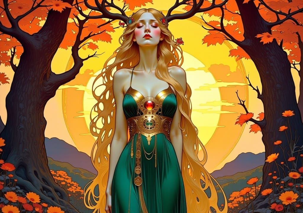 Art Nouveau Woman with Antlers in Jewel-Toned Glade