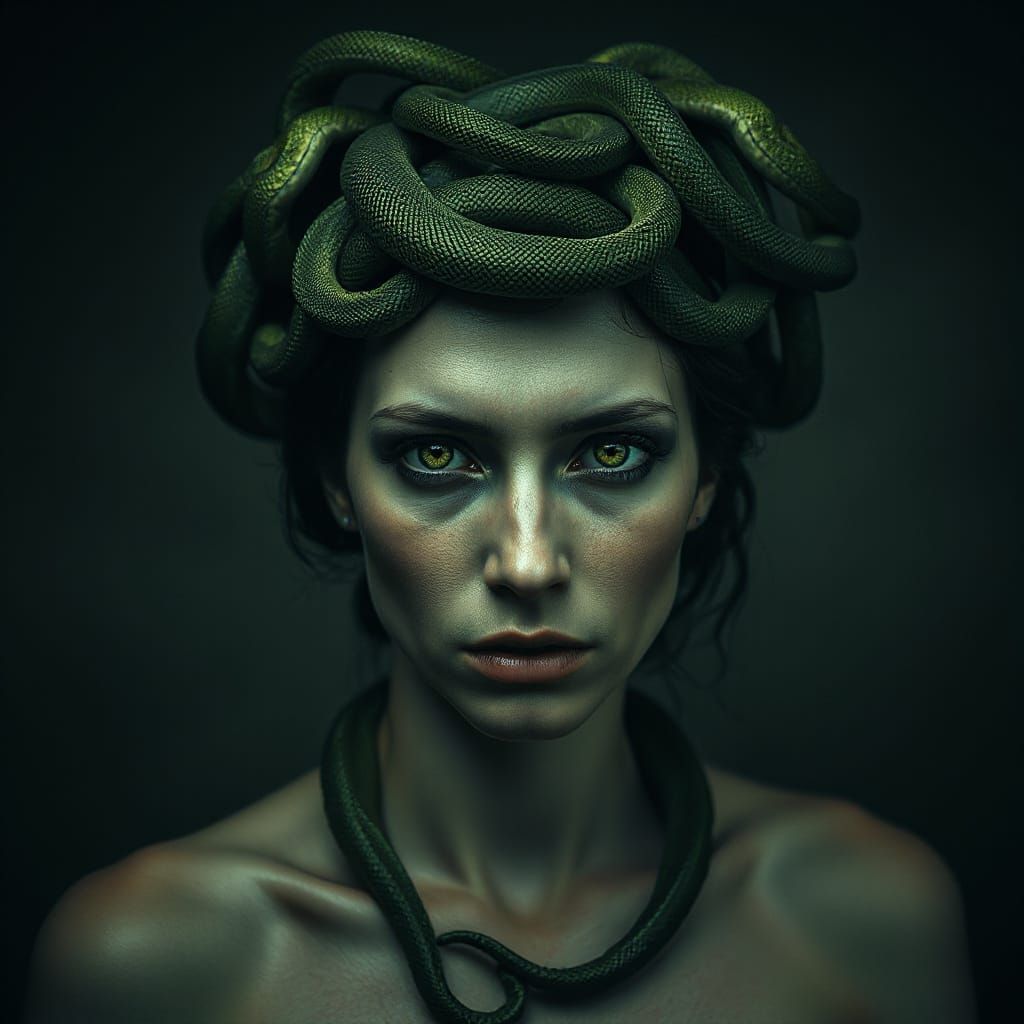 Mysterious Green-Eyed Siren with Twisted Snakes