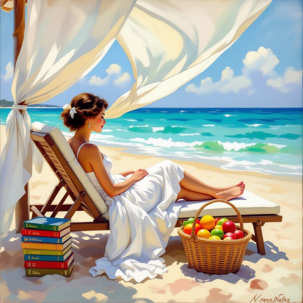 Serene Beach Reading in Impressionist Style