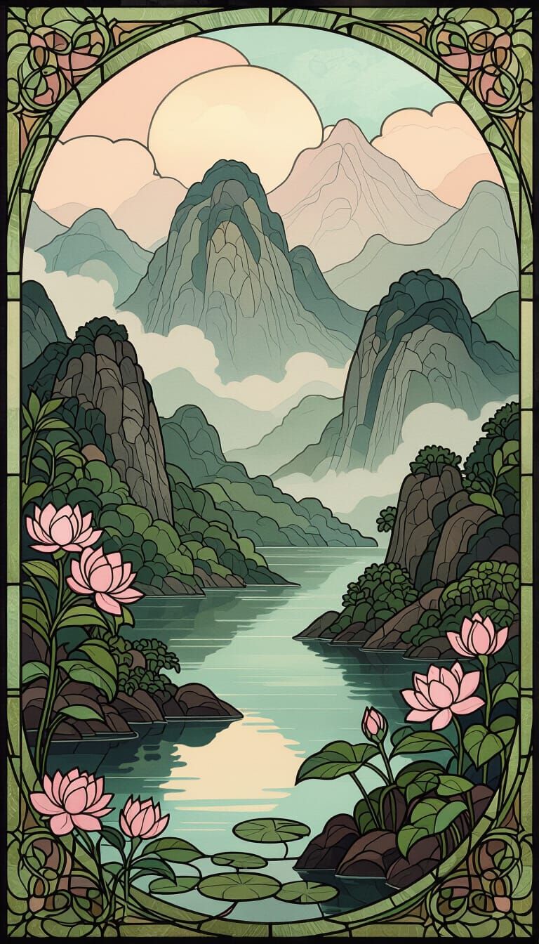 Asian Landscape in Stained Glass Art Nouveau Style