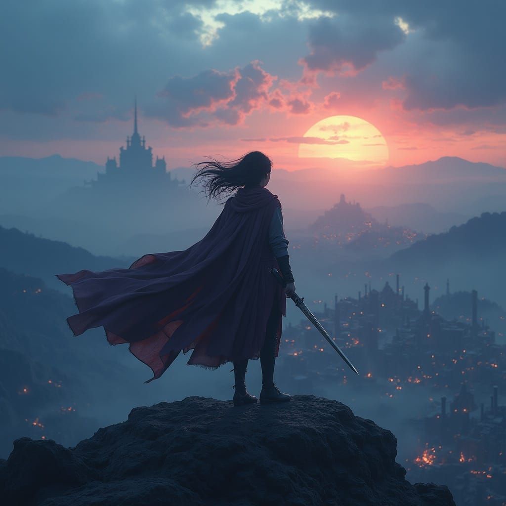 Warrior Girl Gazes Over Ruined City at Twilight