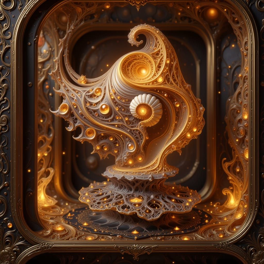 Mysterious Conch Shell Emits Turquoise Hue on Elegant Shelf