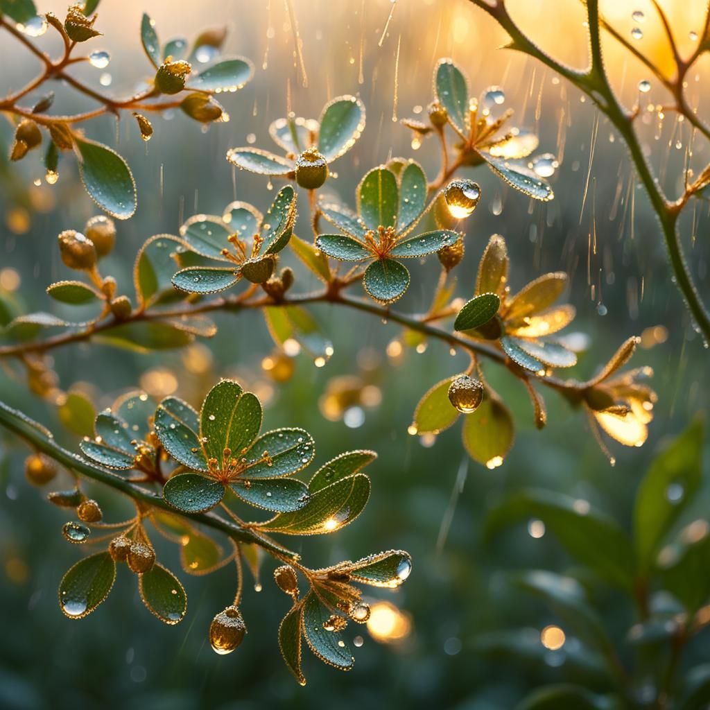 Golden Hour Rain Drops with Gilded Edges and Bokeh