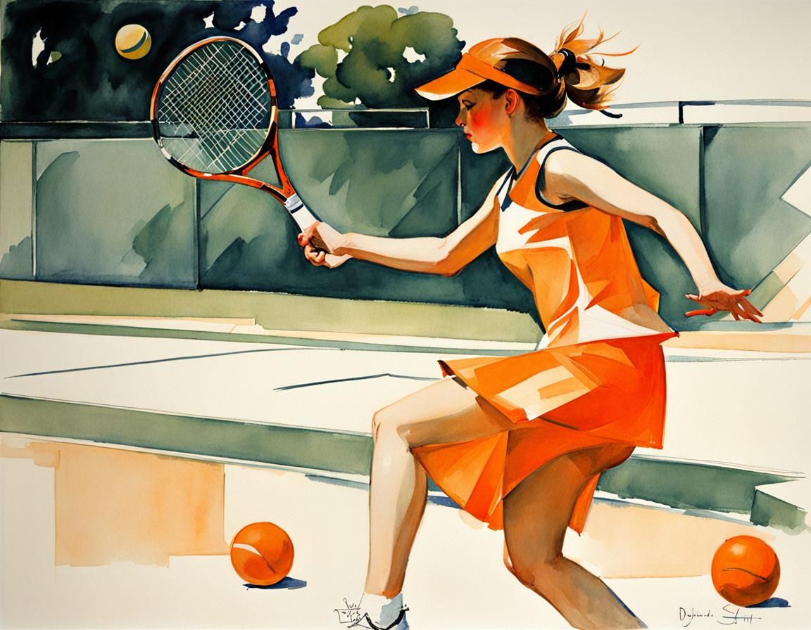 Cubist Orange Painting of Tennis Player