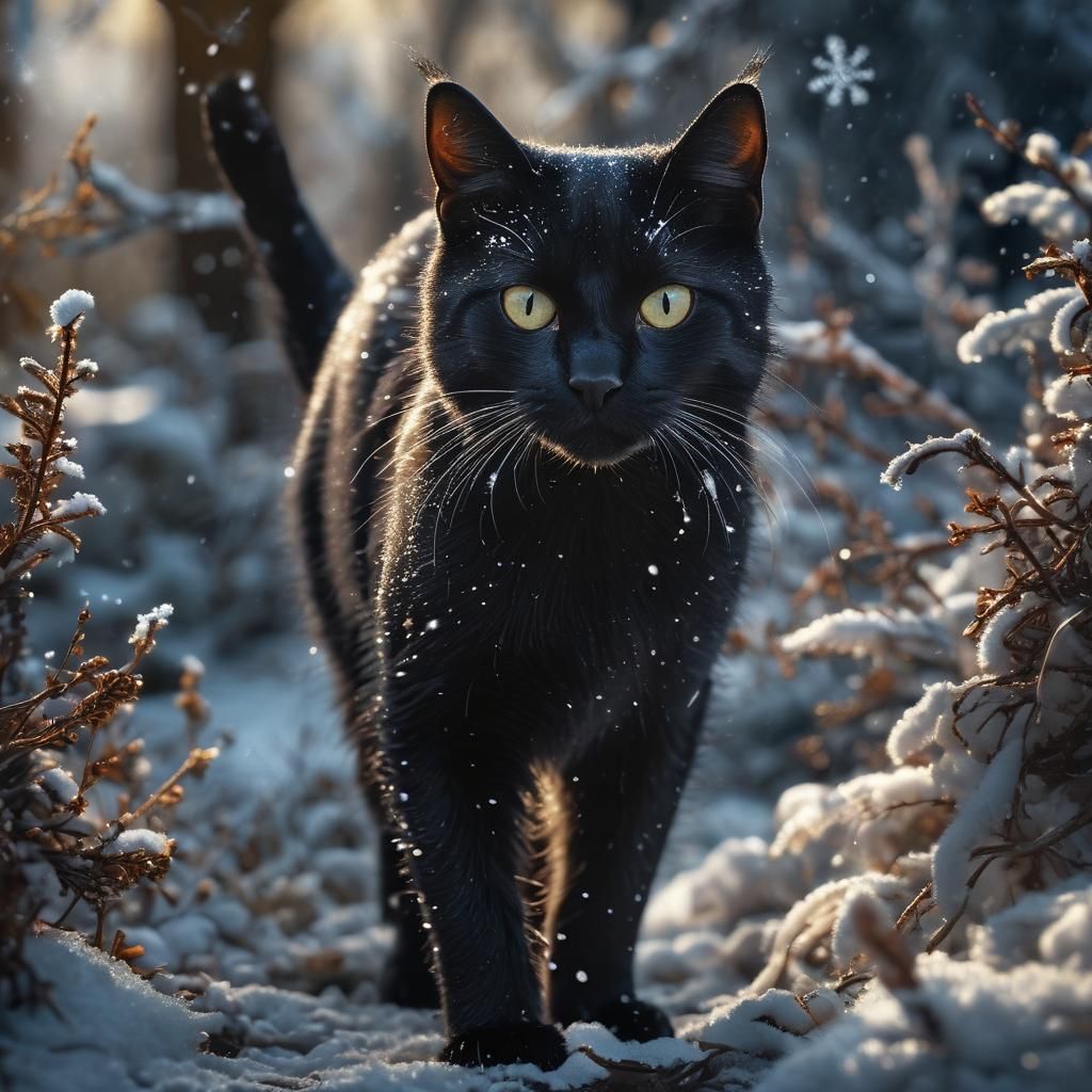 Black Cat Walking in Snow: Hyperrealistic Photography